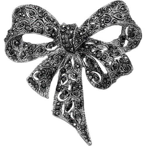 Winter Black Color Rhinestone Bow Brooches for Women Large Bowknot Brooch Pin Vintage Fashion Jewelry Accessories