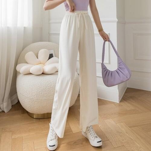 2021Fashion Slacks Womens Loose Summer Pants Soft Ice Silk Wide Leg Pants Women High Waisted Trousers Thin knitted pants