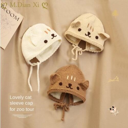 Kids Cute Baby Hat Childrens Hat Autumn Winter Cute Kitten Lace-up Baby Knitted Hat Plus Velvet Warm Woolen Hat 3-18months