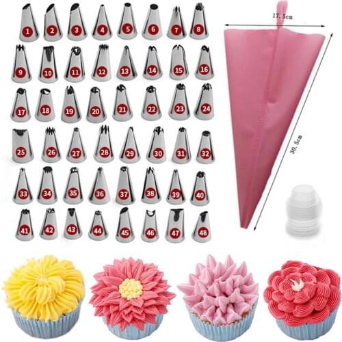 DIY Cake Decorating Tip Set Pink Silicone Pastry Bag + 48 Stainless Steel Nozzle + Converter Baking Decor Tool For Cooking