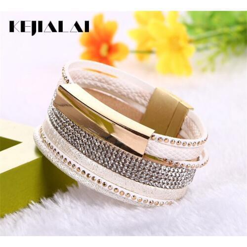 Kejialai Explosion Wrap Bracelet Leather Crystal Super Wide Fashion Magnetic Charm Bracelet for Women Magnet Bracelets KJL051