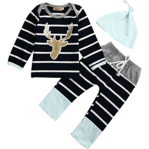 Newborn Baby Boy Girl Clothes Set Deer Long Sleeve Tops+Striped Long Pants+Hat 3PCS Outfits Set Clothes 0-18M