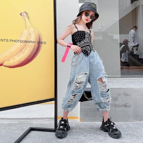 Modern Dance Sexy Girls Clothes irregular Print Tank Tops + Jeans Suits Broken Holes Denim Pants Sets Summer Childrens Clothing