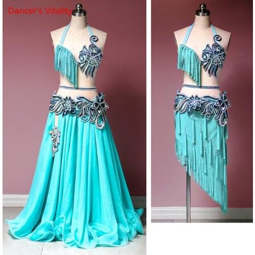 Belly Dance Suit Diamond Bra Tassel Short Skirt Big Swing Skirt Performance 3-Piece Set Custom Adult Child Competition Clothing