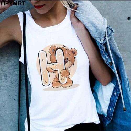 26 English Alphabet Print Tank Tops Harajuku Casual White Tops Vest Women New Summer Couples Bear Letter Female Sleeveless Tee