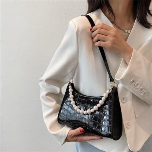 Fashion Exquisite Pearl Shopping Bag Retro Casual Women Totes Shoulder Bags Female Leather Solid Color Chain Handbag for Women