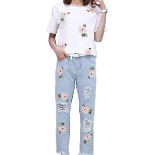 Thailand Tide Brand Beading Flamingo Short Sleeve T-shirt + Sequin Flower Loose Low Waist Jeans Pants Fashion Suit NEW-41