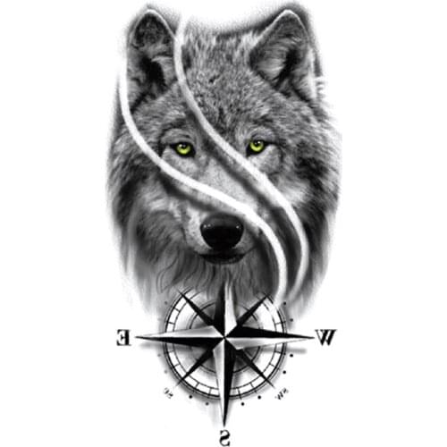 Temporary Tattoo Stickers Black Compass Wolf Green Eyes Letter Totem Fake Tattoos Waterproof Tatoos Arm Large Size for Women Men