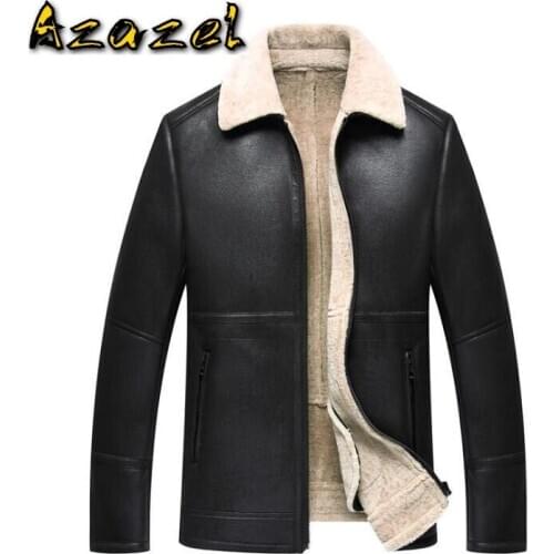 High quality Mens winter new Slim fur one leather jacket warm plus cashmere solid color lapel short sheepskin Men coat M-4XL