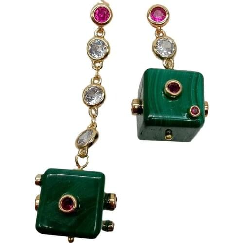 Y·YING Natural Green Malachite Cube Cz Pave Chain Dangle Stud Earrings