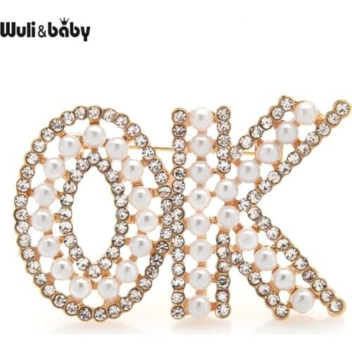 Wuli&baby 2-color Pearl OK Brooches For Women Shining Words Letters Office Casual Brooch Pin Gifts