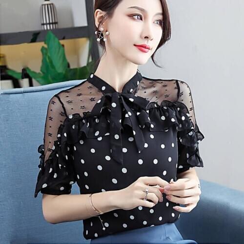 Off Shoulder Women Spring Summer Style Chiffon Blouses Shirts Lady Casual Stand Collar Dot Printed Chiffon Blusas Tops ZZ0818