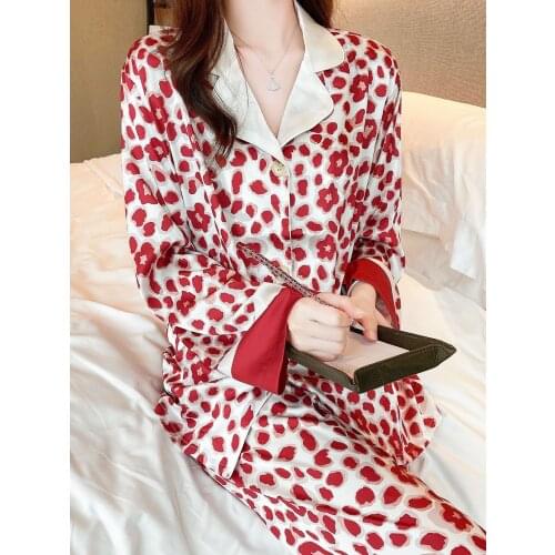 Women Print 2PCS Pajamas Sets Sexy Rayon Turn-Down Lounge Pyjamas Suit Sleepwear Nightwear Spring Summer New Loose Home Wear