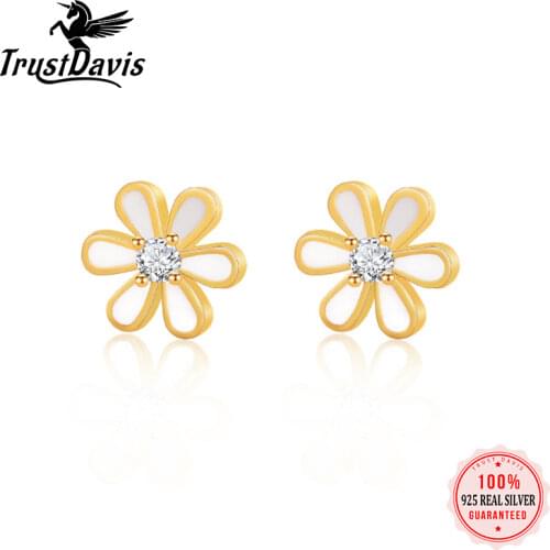 PrinSis Genuine 925 Sterling Silver Fashion White Flower CZ Charm Stud Earrings For Women Wedding Party Fine S925 Jewelry DD1097