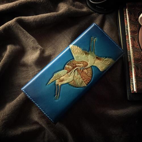 Handmade carving Red-crowned crane Lovers Women Wallets Card Holder Purses Men Long Clutch Vegetable Tanned Leather