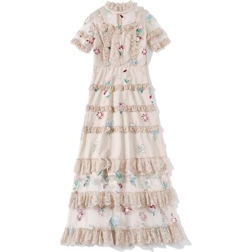 New Summer Runway Flower Embroidery Dress Womens Lace Mesh Embroidered Flounces Cake Dresses