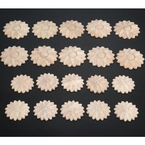 10pcs/2pcs Woodcarving Flower Decal 4.5/6cm Wooden Figurines Corner Craft Chip Round Appliques Frame Wall Door Furniture Decor