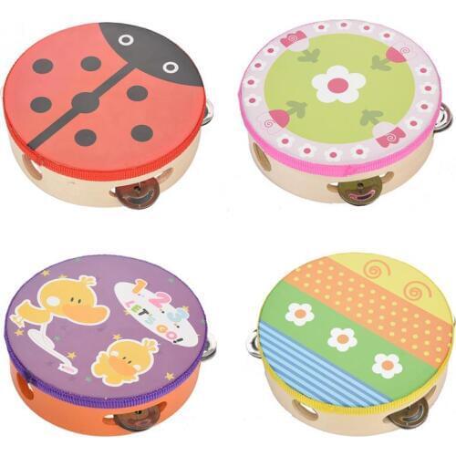 15cm Cartoon Wooden Handheld Tambourine Freestyle Hand Drum Bell Musical Percussion Instrument for Parties Kids Games
