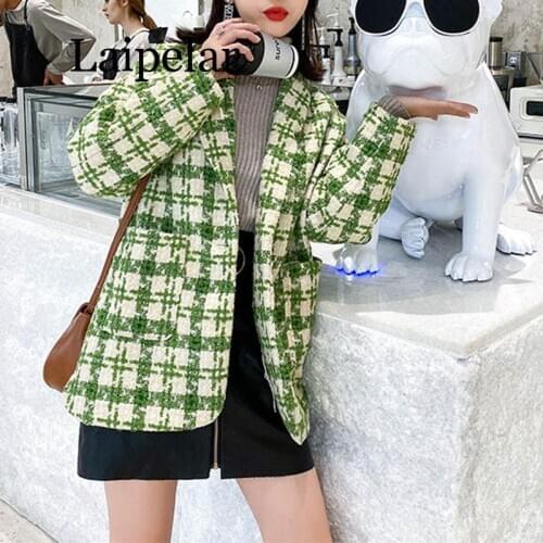 2020 Women red green plaid tweed jacket coat pocket notch collar pocket button vintage blazer