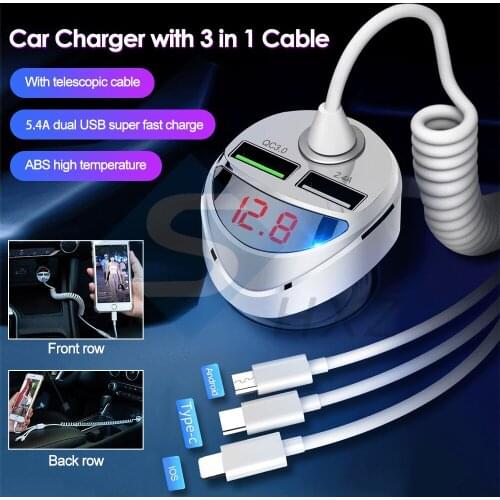 5 in 1 Upgraded One with Three LED Digital Display Car Fast Charging Android+Type-C+Apple Plug 3.0A+2.4A