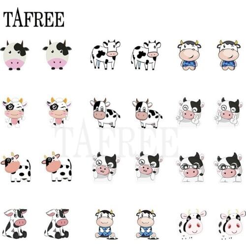 TAFREE Cow Shaped Acrylic Earrings Epoxy Resin Animal Clip on Earrings Heat-shrink sheets Small ear clip Jewelry Gift For Her