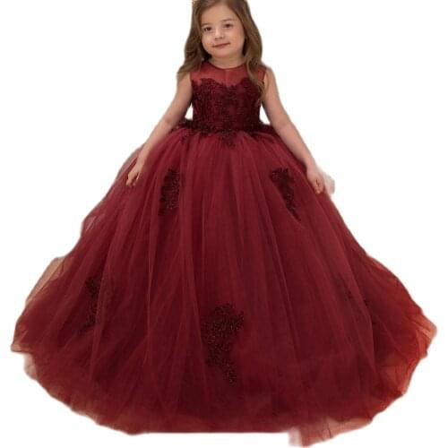 Ball Gown Dark Burgundy Kids Pageant Dress Girls Christmas Birthday Party Dresses for Girls Aged 2 4 6 8 10 12 14 Years