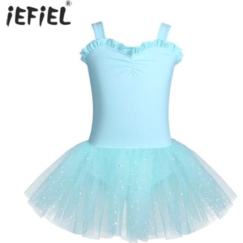 Kids Girls Sleeveless Ballet Dance Ruffled Slim Height Pettiskirt Gymnastics Bodysuit Leotard Cross Back Straps Tutu Dress