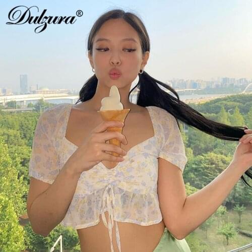 Dulzura floral print chiffon women crop top shirts short sleeve lace up ruched ruffle elegant sweet streetwear party Korea