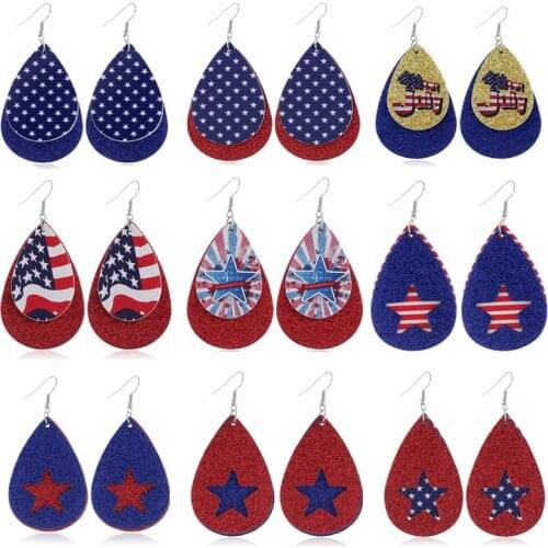 Double Layer Glitter Pu Leather Earrings Star Print Flag Water Drop Earrings Fashion Jewelry Women Accessories