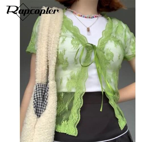 Rapcopter Floral Lace Cardigans Y2K Brown Crop Top Frill Cute T Shirt Tie Up Short Sleeve Tshirt Women Harajuku Tee Top Vintage