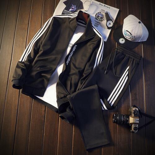 Men autumn long sleeve jacket pants 2 piece set sweatsuit male 3 bar stripes gym jogger sport pants men sportswear tracksuit