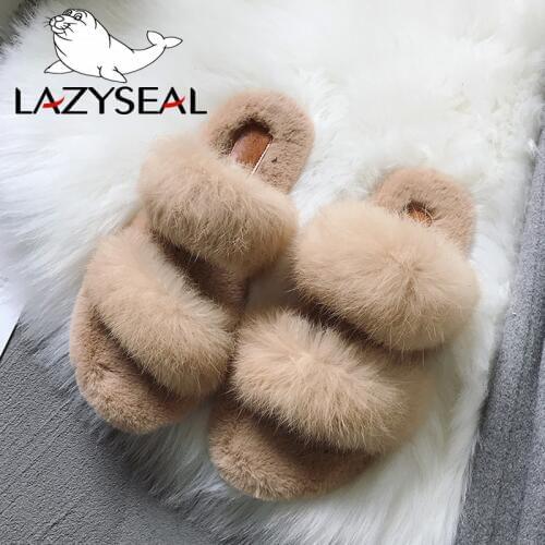 LazySeal Fur Women Slippers Shoes Rabbit Fur Slippers Real Hair Slides Female Furry Indoor Flip Flops Fluffy Plush Shoes House