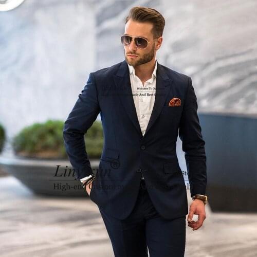Navy Blue Mens Suits Formal Business Slim Fit Blazer Wedding Groom Tuxedo Banquet Prom 2 Piece Sets Terno Masculino Jacket+Pants