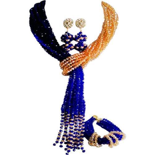 National Style Royal Blue Champagne Gold AB Nigerian Wedding Women Crystal Necklace Sets 10C-WJ-23