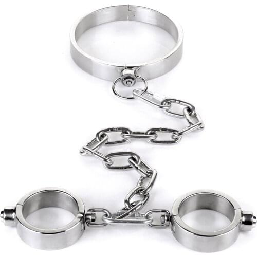 Stainless Steel Slave Collar Hand Cuffs Sex Games For Adults Restraints Toture BDSM Bondage Handcuffs Slave Fetish Erotic Toys