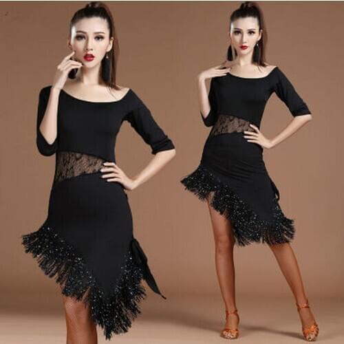 New Women Latin Dance Skirt Wear Ballroom Dress Samba Costume Sexy Party Dresses Floral Lace Tassel Tango Performance Clothes