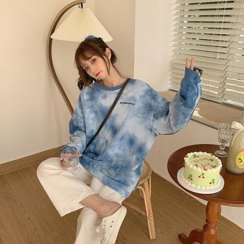 2020 New Womens Loose Long-sleeved Tie-dyed T-shirt All-match Sweatshirt Womens Top High Street Casual En