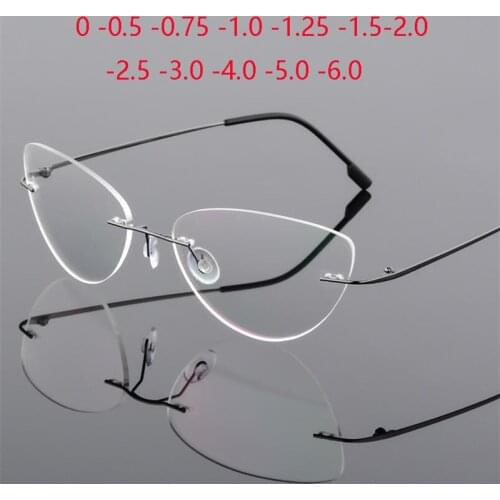 Titanium Alloy Frameless Cat Eye Myopia Eyeglasses Ultralight Rimless Blue Light Blocking Prescription Glasses -0.5 -0.75 to -6