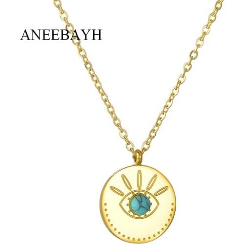 Fashion Gold Round Necklace For Women Bohemia Stainless Steel Eyes Long Chain Coin Pendant Choker Necklace Jewelry