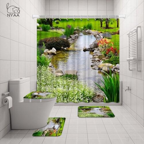 NYAA Modern Vintage Garden Flowers Scenery Shower Curtain Set Floral Bathroom Curtain Bath Mats Rug Nature Home Decor