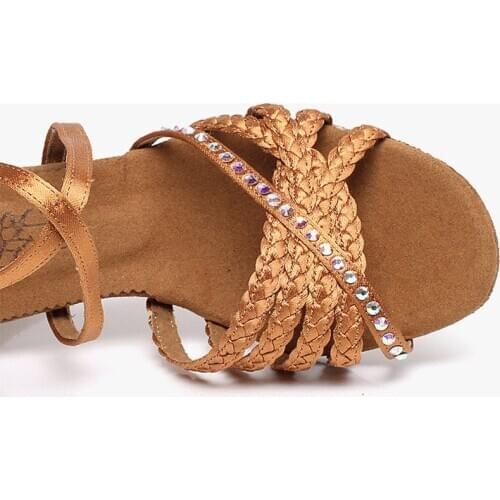 Tan 3.5inch high heel Braid Satin With Rhinstones High Quality Comfortable Women bachata Latin Dance Shoes BD Dance Shoes 2380