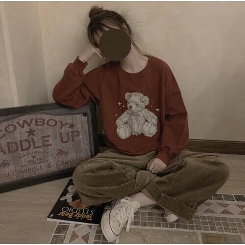 Japanese Girl Printed Starlight Bear Retro Purple Loose Round Neck Sweatshirt Spring Autumn Long Sleeve Student Sweatshirt