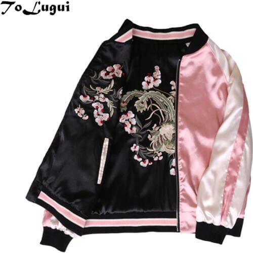 Floral Embroidery women jacket Autumn winter 2020 Harajuku Pilot Jacket On Both Sides Casual Baseball Jackets Coats Sukajan