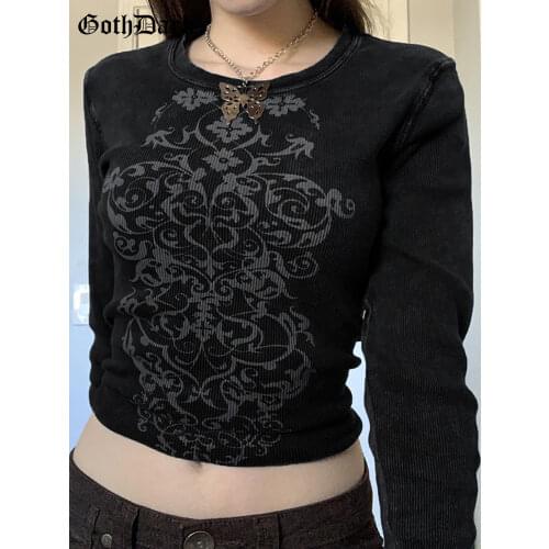 Goth Dark Casual Gothic Vintage Printing Women T-shirts Grunge E-girl Long Sleeve Punk Cropped Tops Bodycon Ribbed Autumn Tees