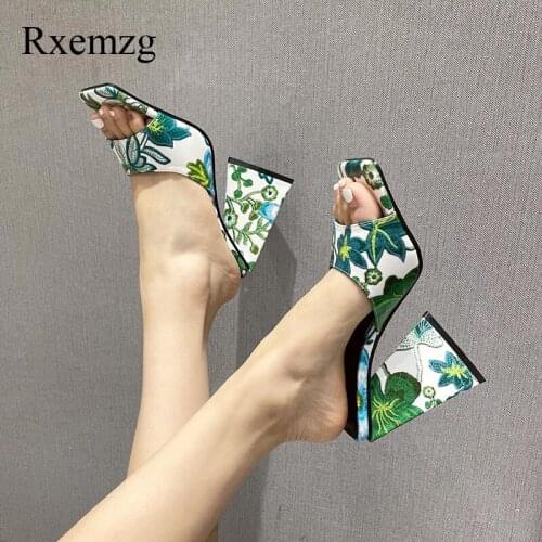Rxemzg Woman Slippers Strange Style Fashion Totem Print Peep Toe Pumps High Heels Ladies Summer Sandals Sexy Mules Party Shoes