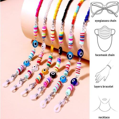 2021 Bohemian Color Demon Eyes Sunglasses Mask Holder Lanyard Rice Beads Resin Flower Glasses Chain Fashion Neck Strap for Women