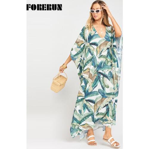 FORERUN Kaftan Beach Dress Women Tunic Long Bikini Cover Up Saidas De Praia Print Maxi Summer Dresses Pareo Plage Ropa De Playa
