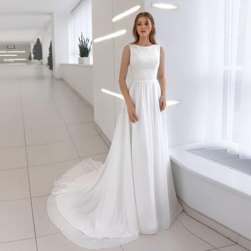 Jiayigong Elegant O-neck Sleeveless Wedding Dresses Vestidos De Novia Lace Chiffon Boho Bridal Gown Robe De Mariee