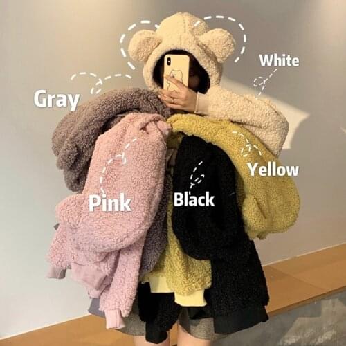 DeRuiLaDy Winter Warm Wool Bear Ear Hooded Sweatshirt Oversized Hoodies Women Korean Style Students Pullover Hoodie Plus Size