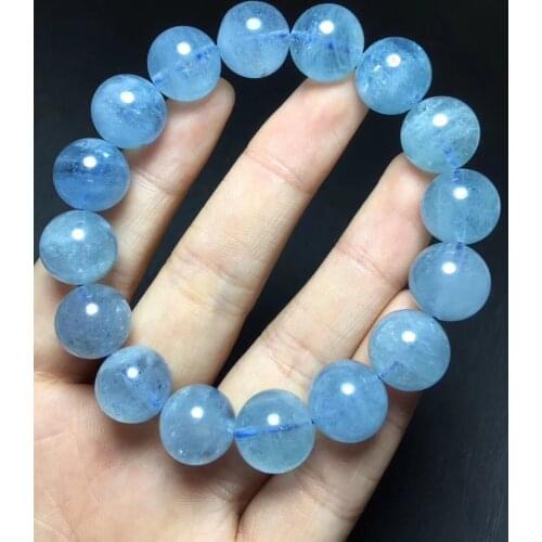 13mm Genuine Natural Blue Aquamarine Stretch Round Beads Bracelet AAA
